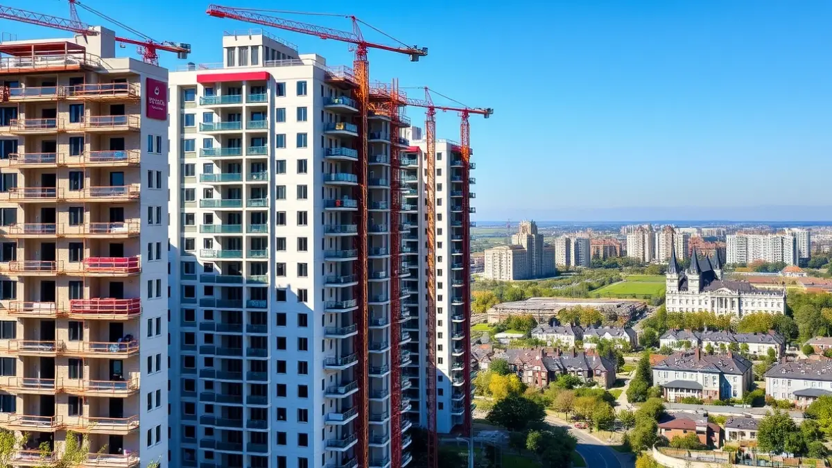 Image of residential buildings under construction in an urban area, with cranes and scaffolding.