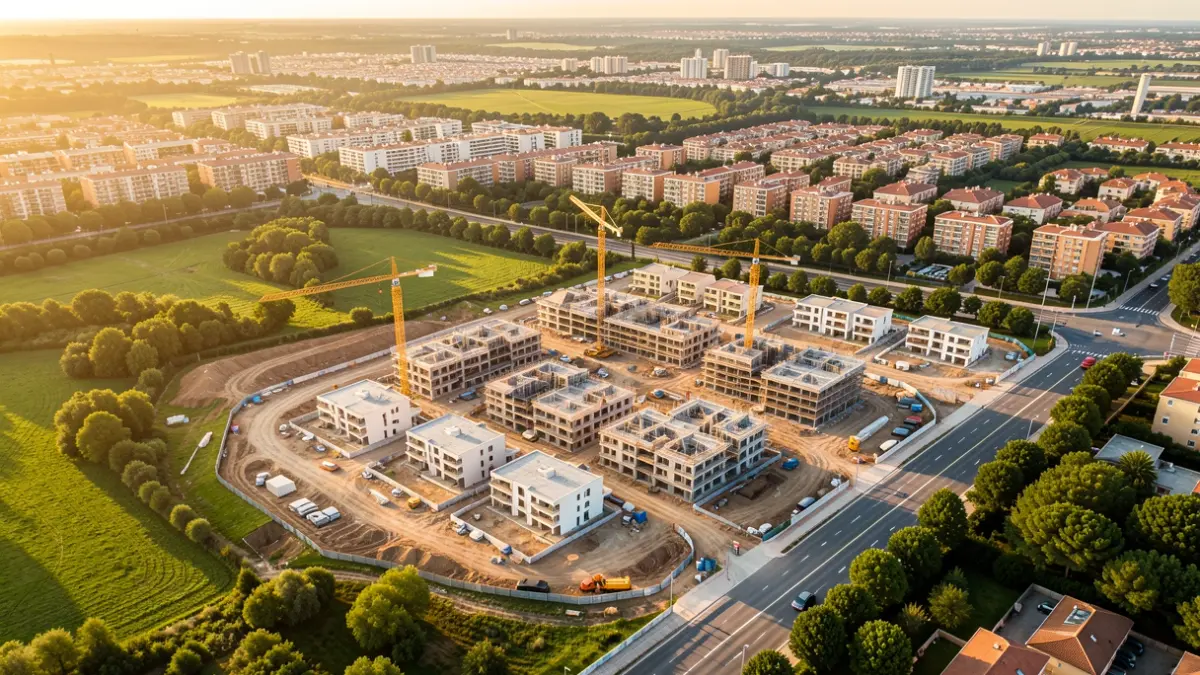 Vista aérea de una zona residencial en desarrollo en la Comunidad de Madrid con grúas y casas en construcción.