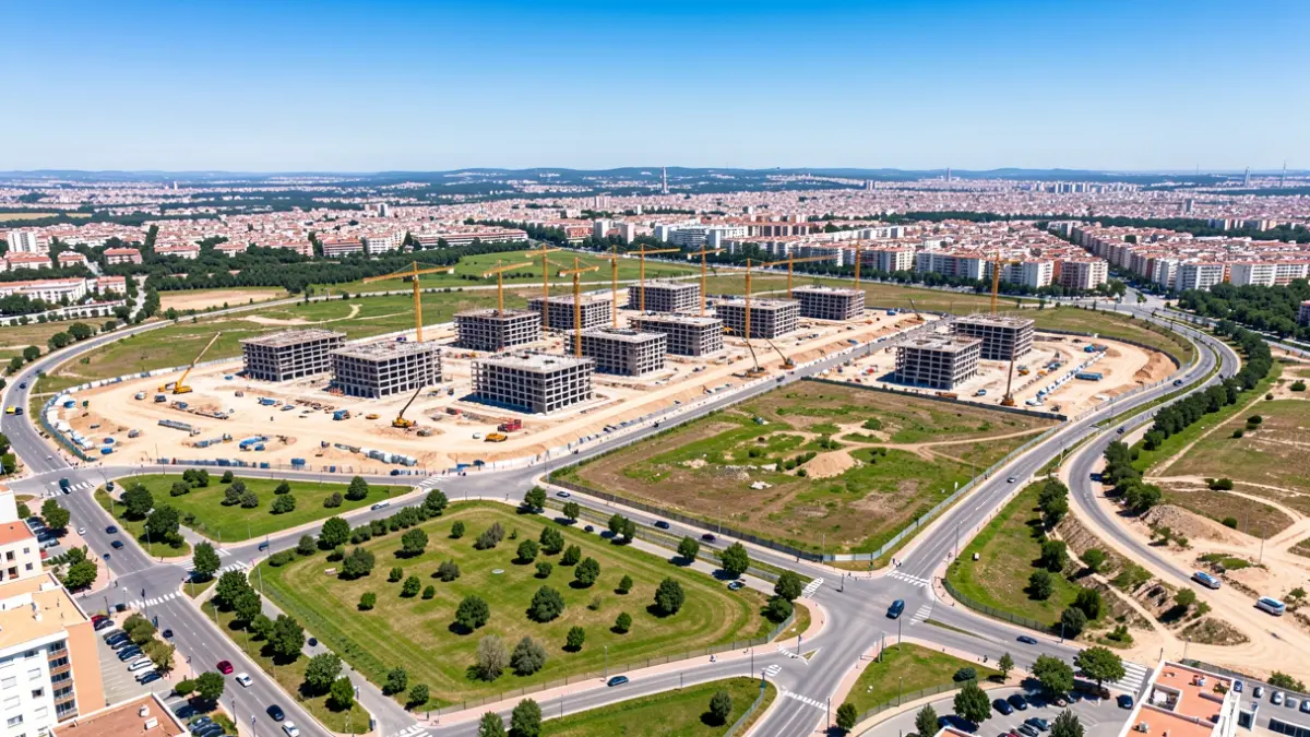 Aerial view of an urban development area under construction on the outskirts of Madrid.
