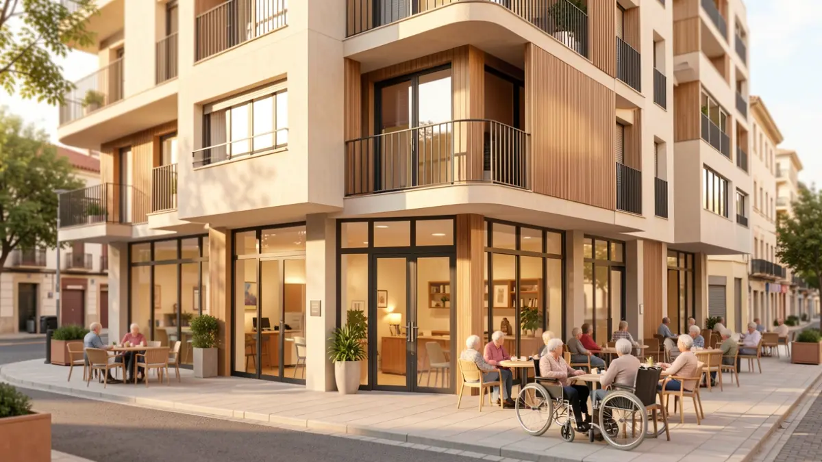 Building with apartments for seniors and communal areas in Getafe.
