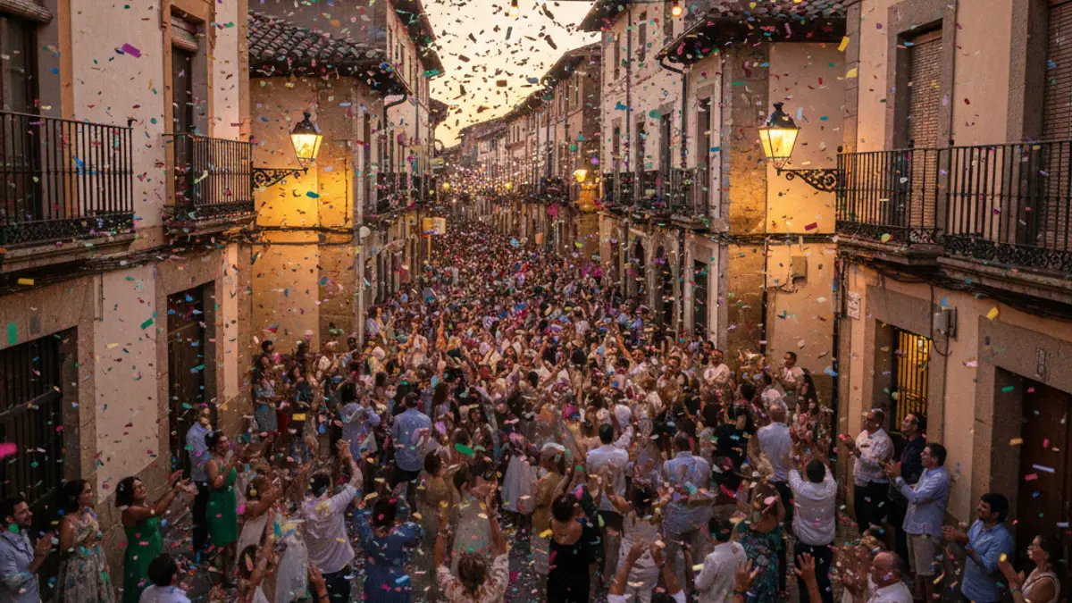 Imagen genérica de una celebración festiva con confeti y multitudes borrosas.