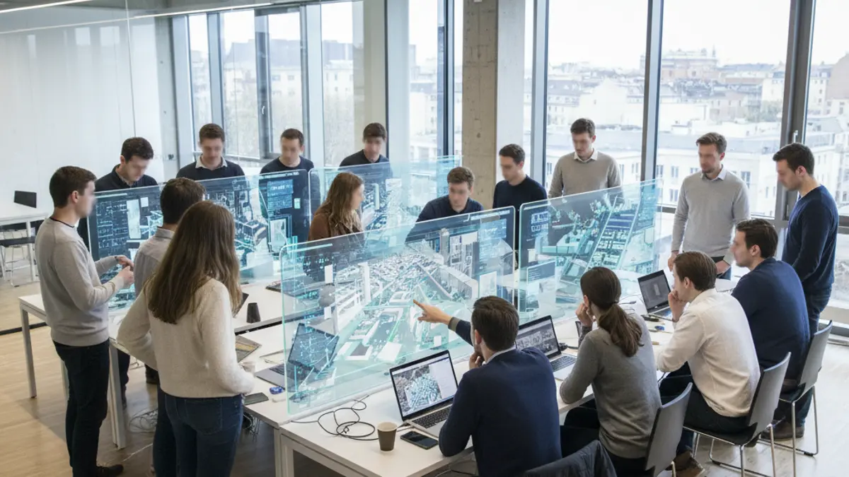 Jóvenes colaborando en un laboratorio de innovación con herramientas de IA para diseñar soluciones urbanas.