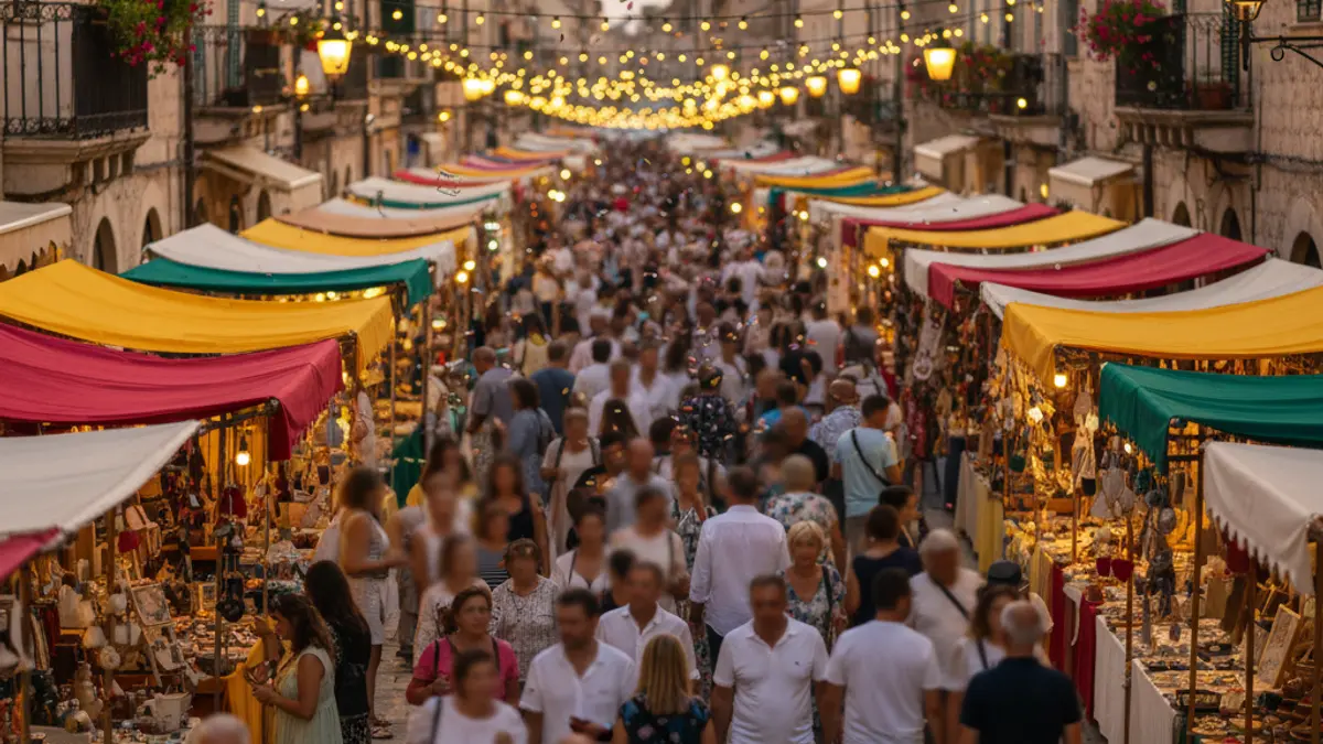 Imagen genérica de un ambiente festivo en un barrio, con puestos y gente disfrutando.