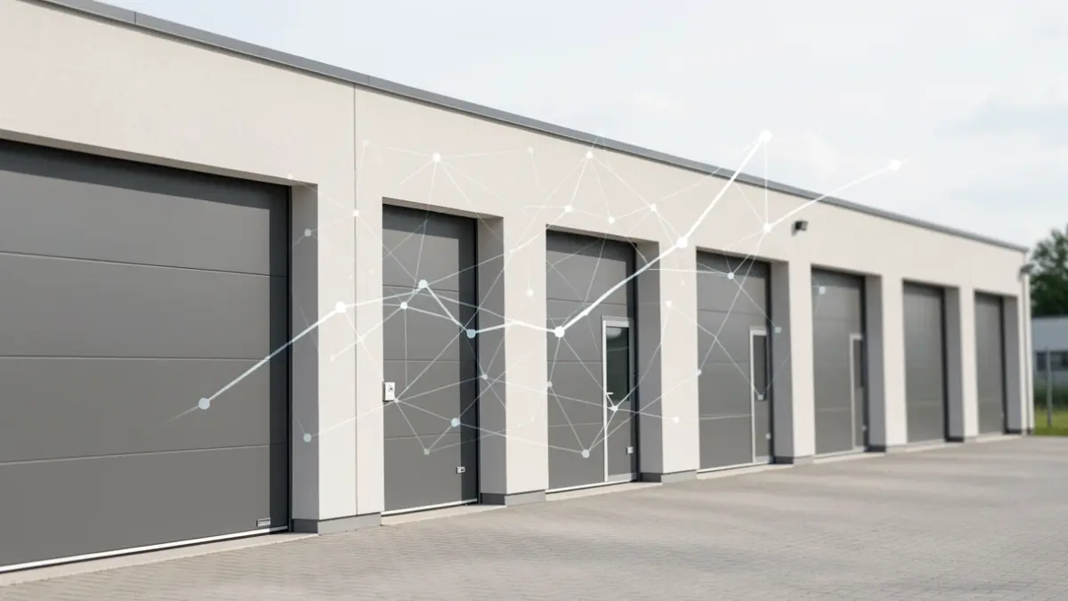 Modern self-storage facility with digital growth graphic elements.