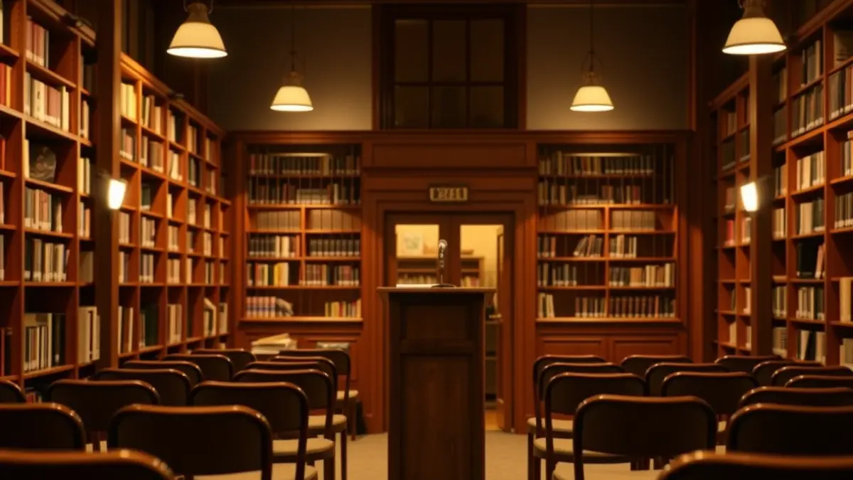 Generic image of a library or cultural center interior set up for an event.