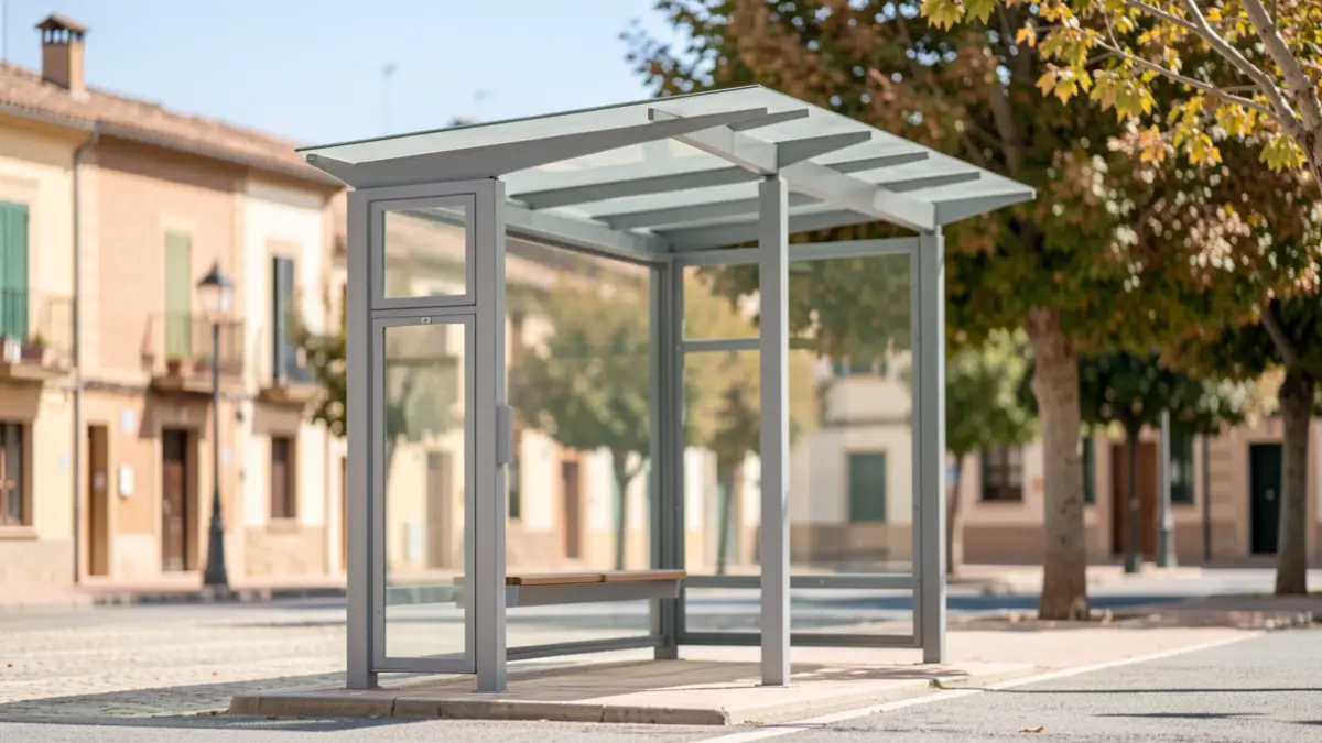 Generic image of a modern bus stop in a Spanish urban setting.