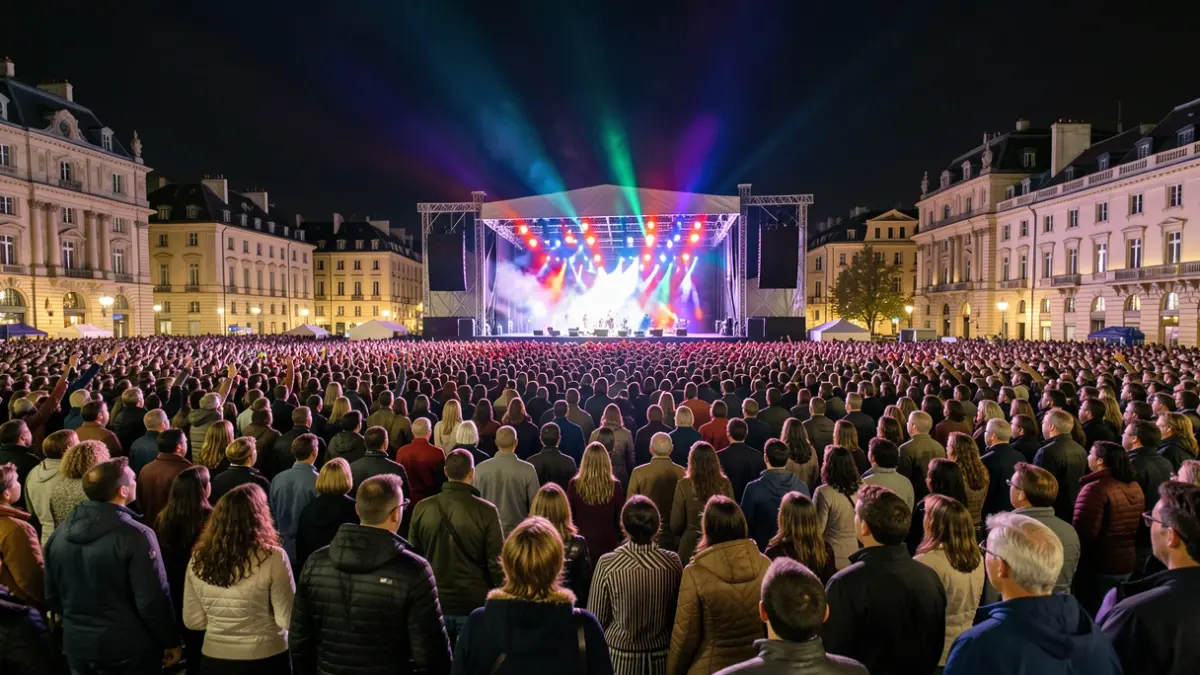 Imagen genérica de un concierto multitudinario en un estadio por la noche, con luces de escenario y público.