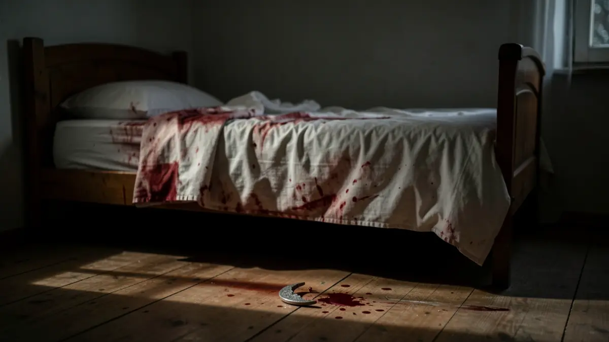 Bedroom with blood-stained sheets and a broken earring on the floor.