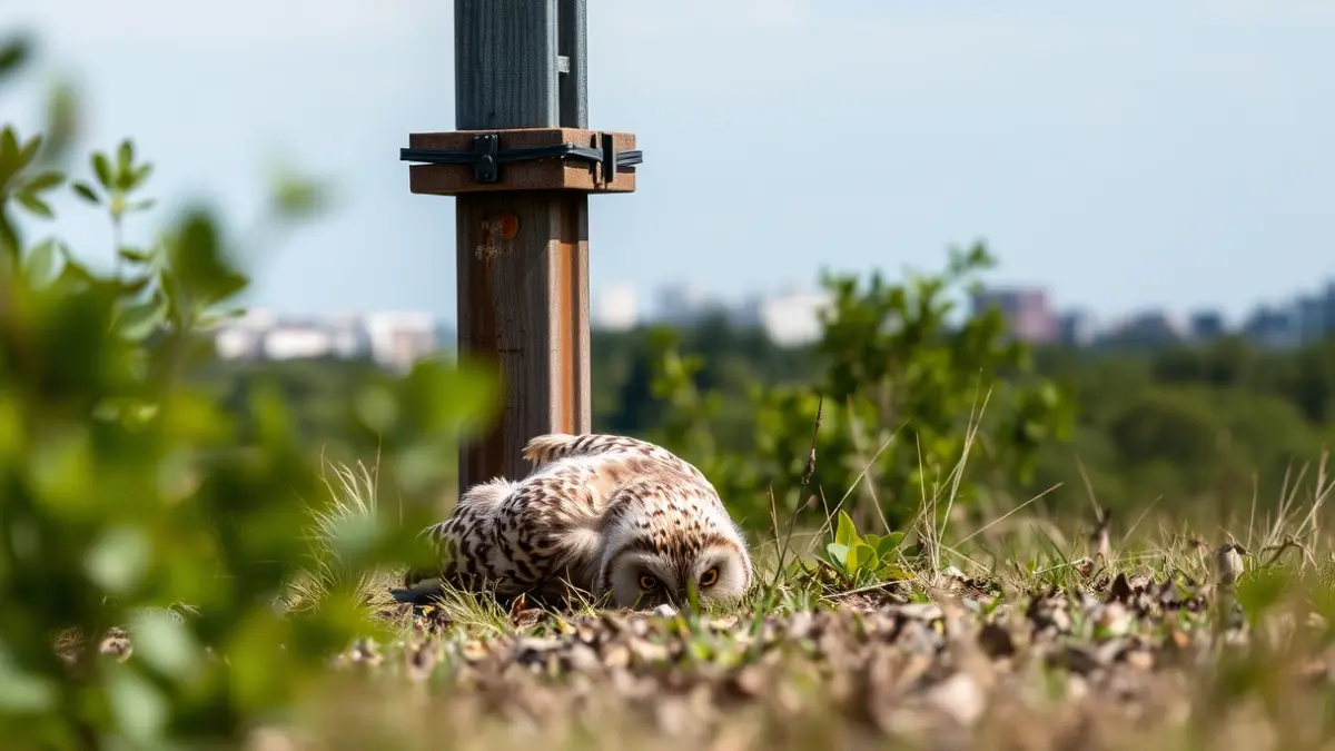 Image of a dead common scops owl at the base of an electricity pylon in a natural area near an urban environment.