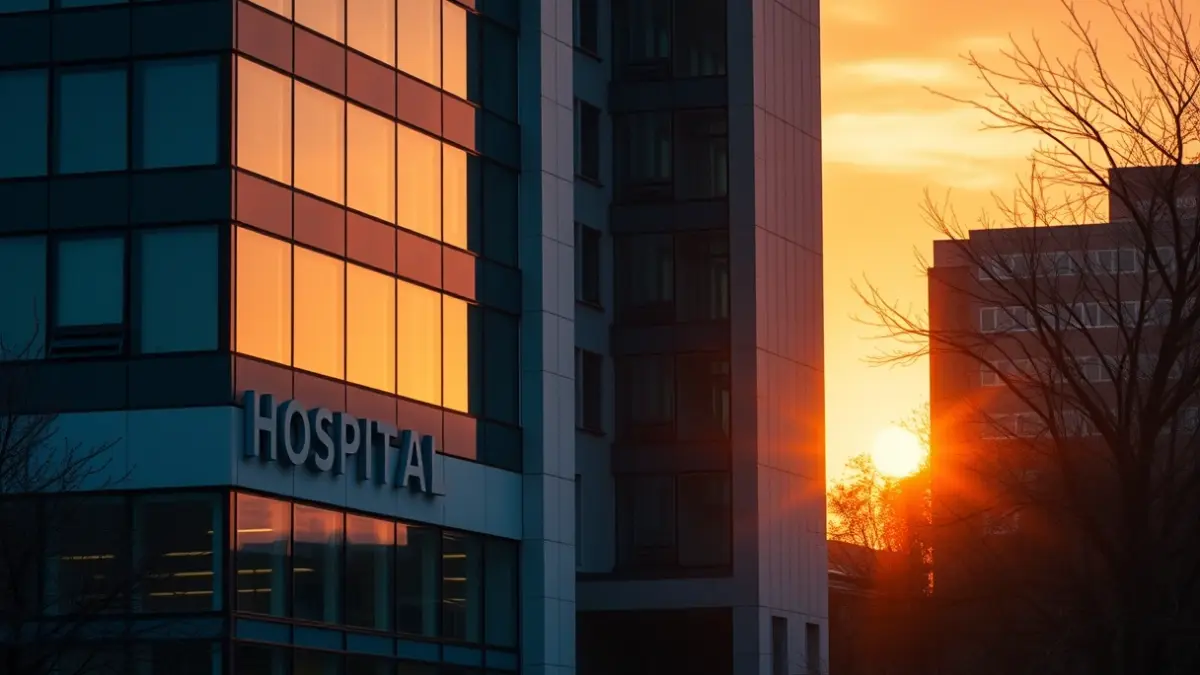Imagen genérica de la fachada de un hospital moderno al atardecer.
