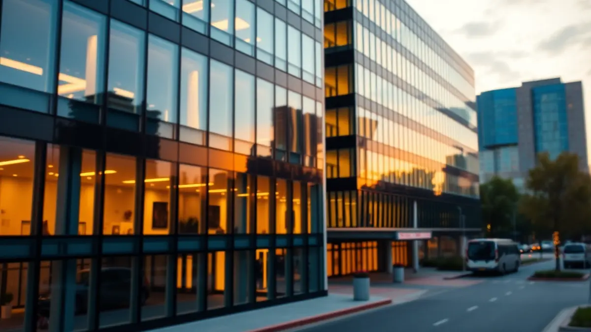 Generic image of a modern hospital facade at sunset.