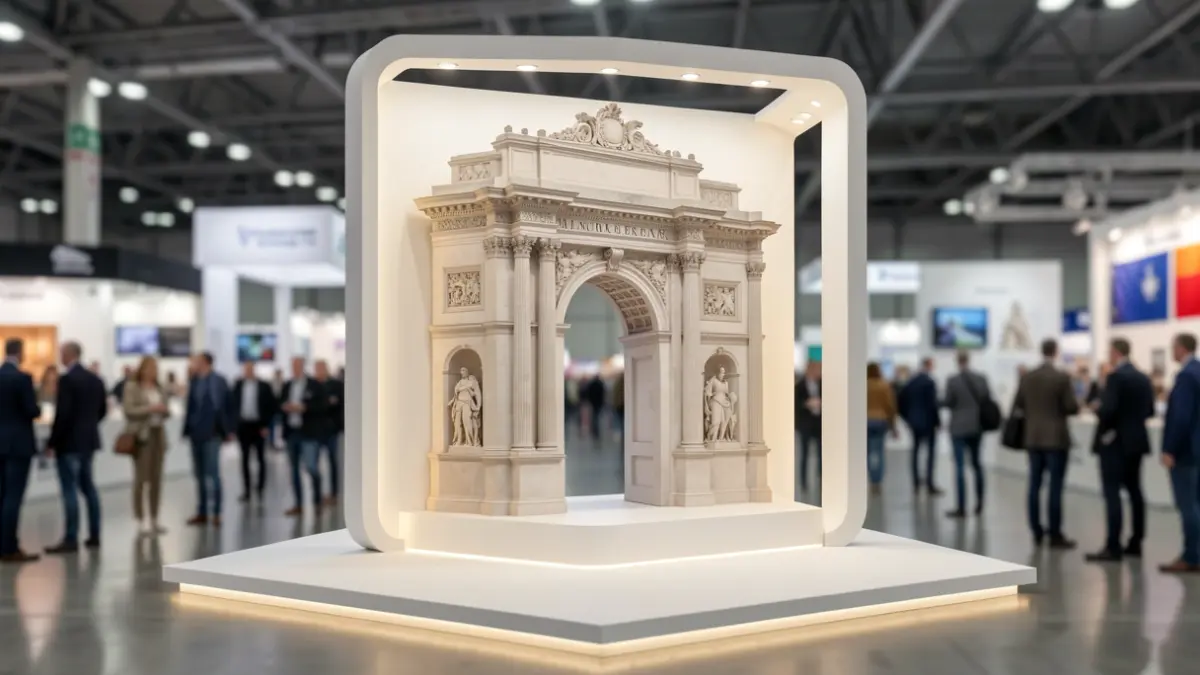 Recreation of the Puerta de Alcalá as an exhibition stand at the Madrid Real Estate Fair (SIMA 2026).