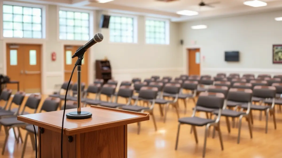 Generic image of a microphone on a podium in a workshop room.