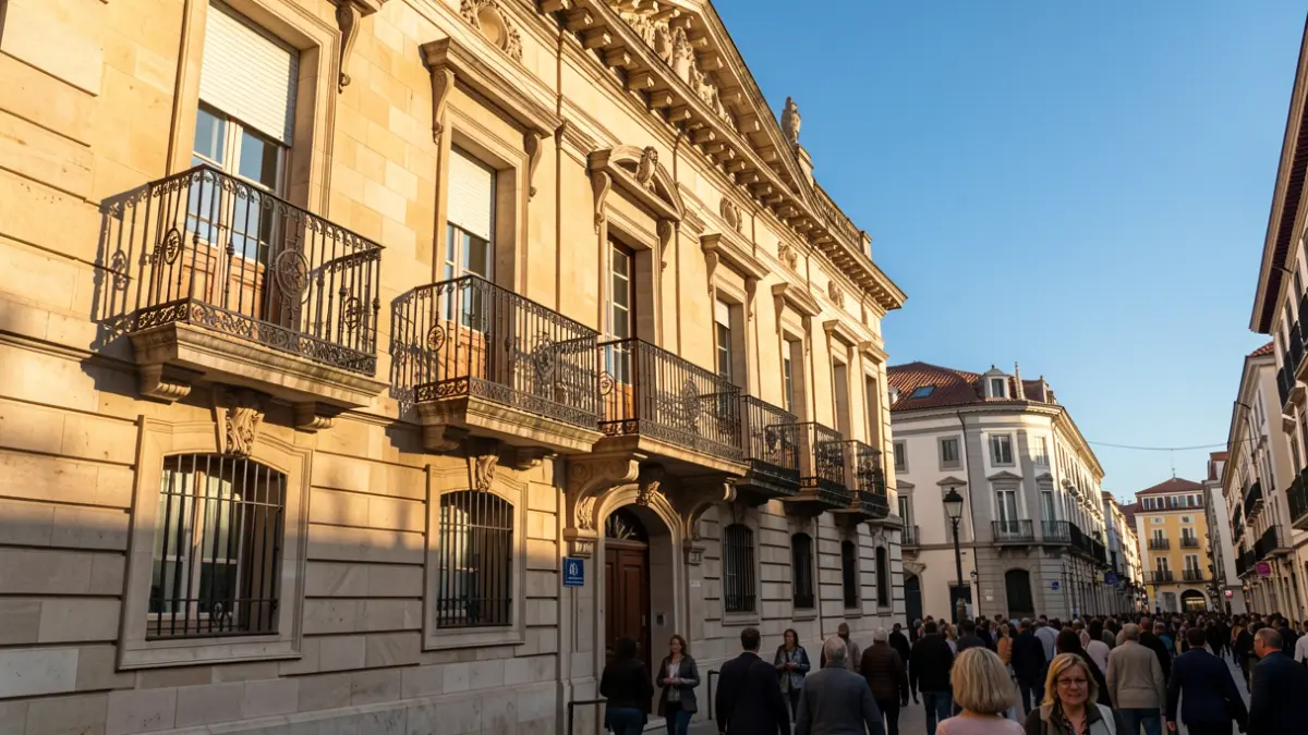 Facade of the Humanes de Madrid town hall with balcony and iron railings, afternoon sunlight.