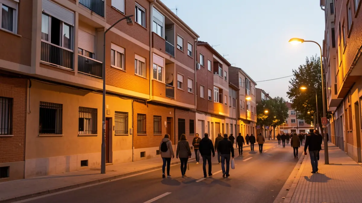 Imagen genérica de una calle en Alcorcón con edificios residenciales y algunas ventanas a oscuras, indicando un corte de luz.