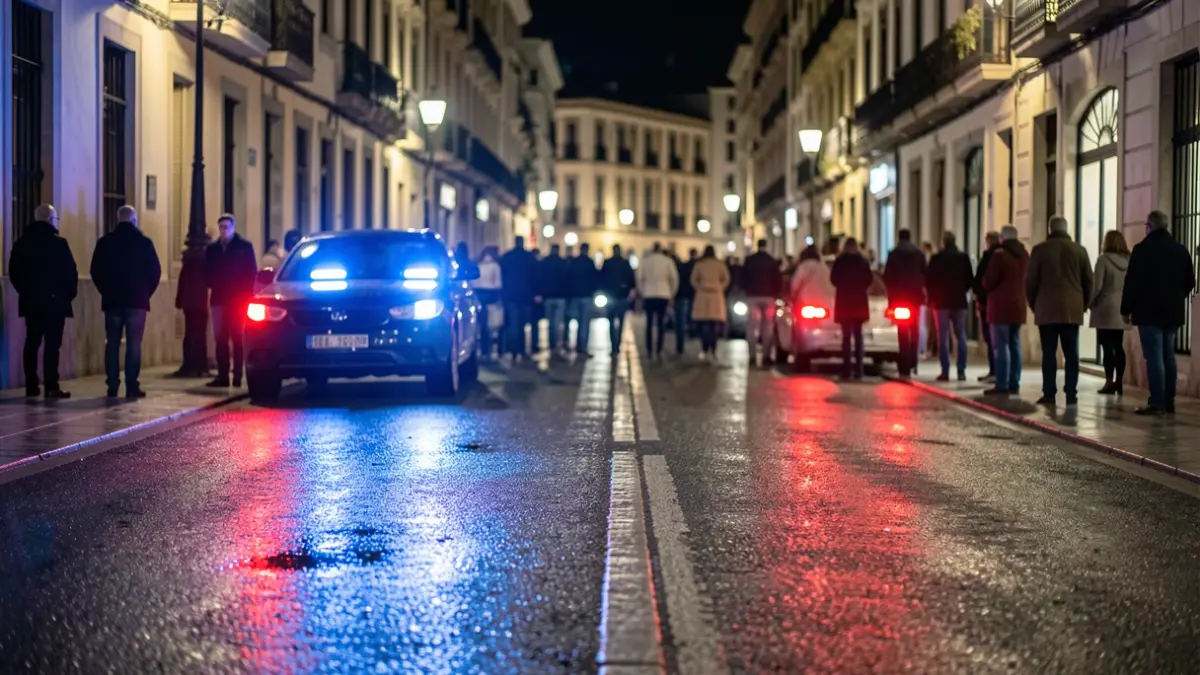 Imagen genérica de luces de emergencia policiales reflejándose en el asfalto mojado por la noche.