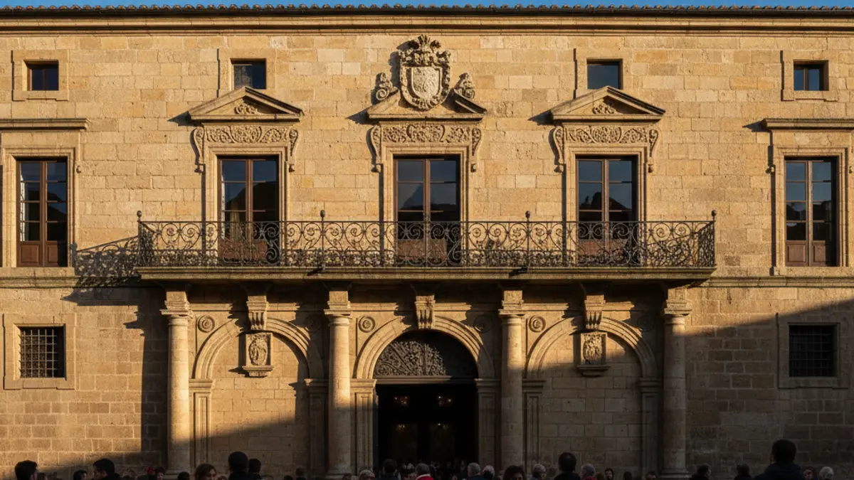 Facade of a town hall with a balcony and iron railings, under the afternoon sunlight.