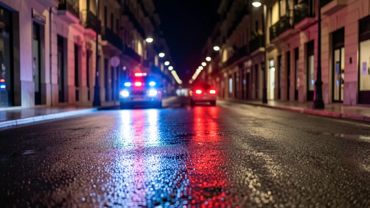 Generic image of police emergency lights reflecting on wet asphalt at night.
