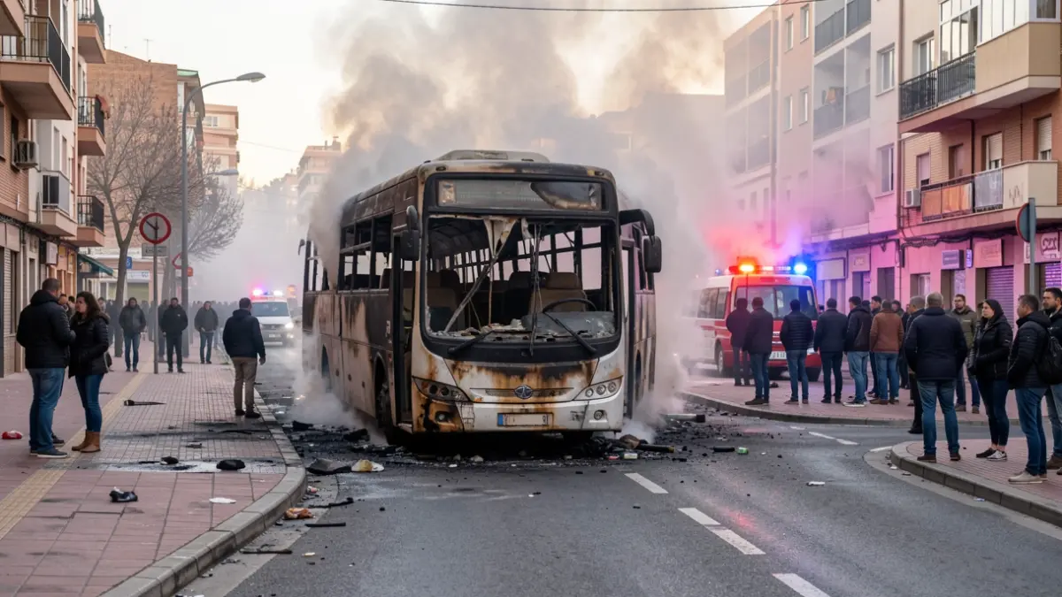 Autobús completamente calcinado en Móstoles tras un incendio.