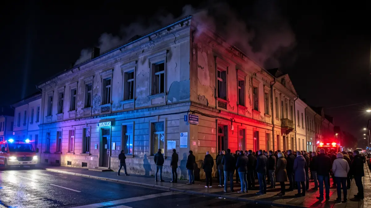 Generic image of an old building with emergency lights and smoke.