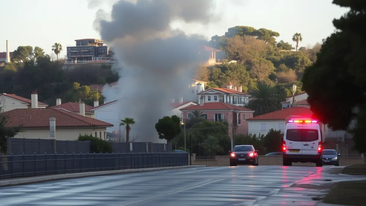 Imagen de un incendio en una zona residencial con humo y luces de emergencia.