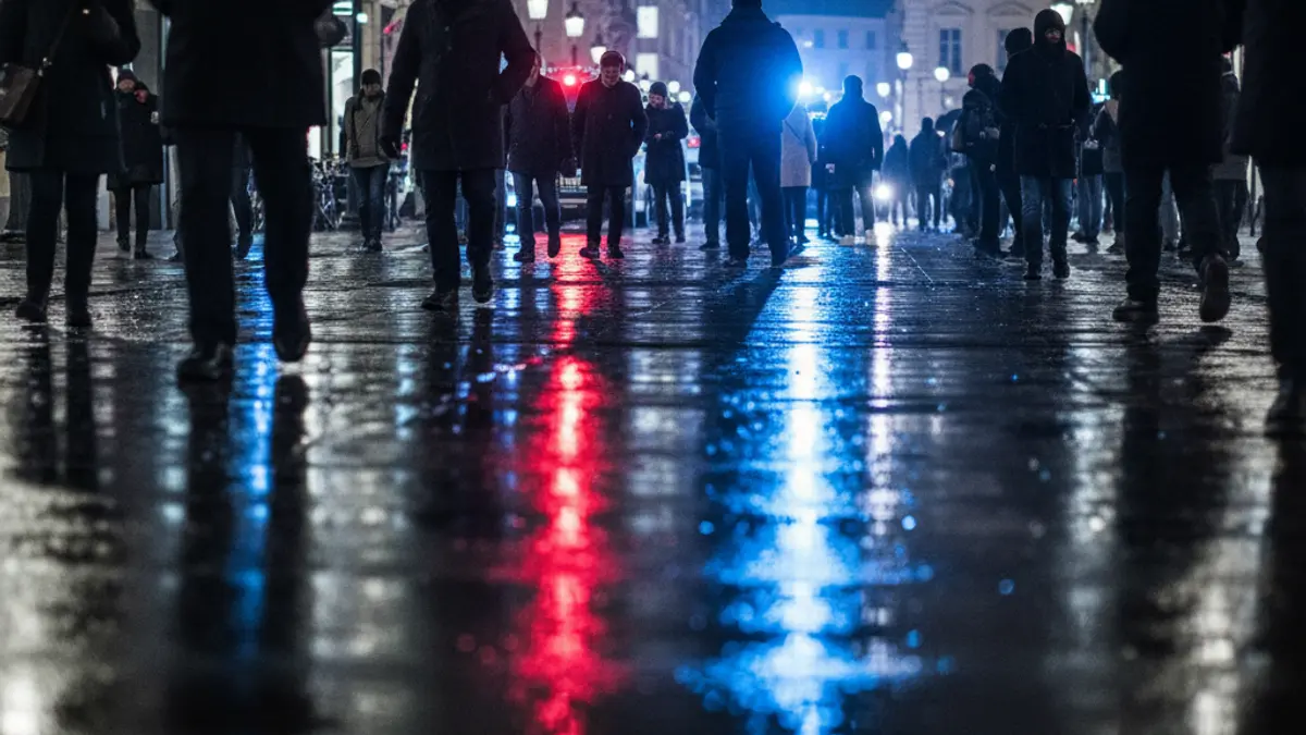 Generic image of emergency lights reflecting on wet asphalt.