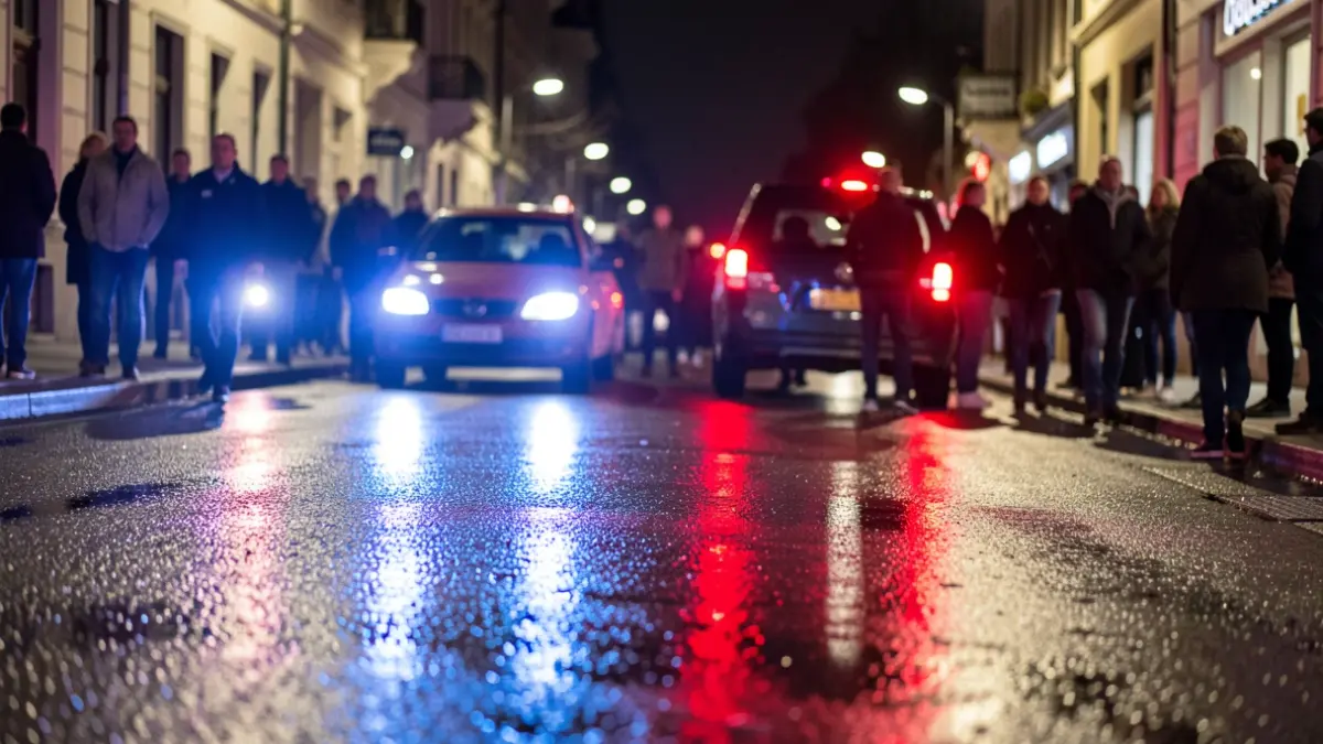 Generic image of police emergency lights reflecting on wet asphalt at night.