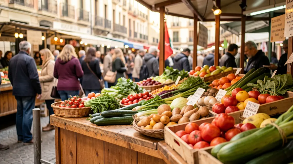 Puesto de mercado municipal con productos frescos en Madrid.