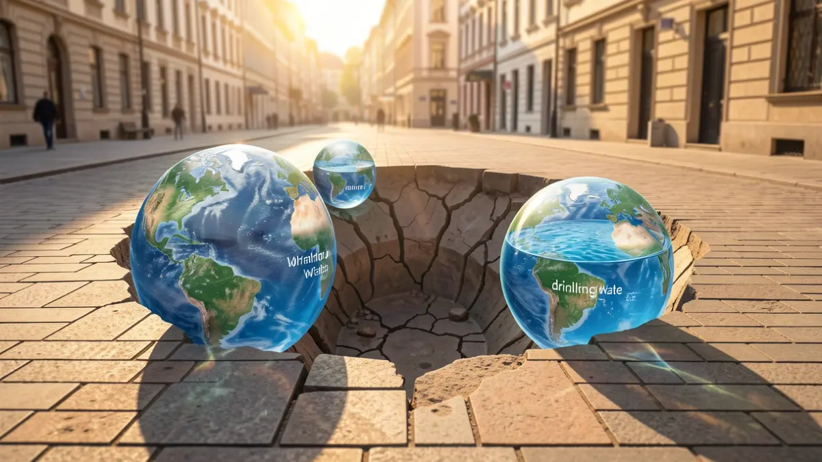 Ilustración de arte urbano anamórfico que representa un gran socavón con esferas sobre el agua.