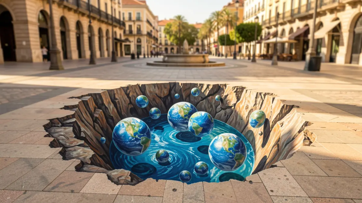 Art installation in Madrid's Puerta del Sol simulating a sinkhole to raise awareness about water usage.