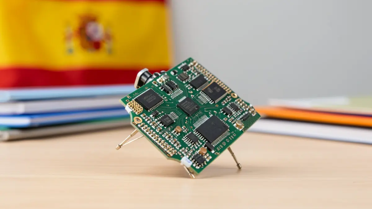 Modelo de minisatélite con detalles de circuitos y fondo educativo.