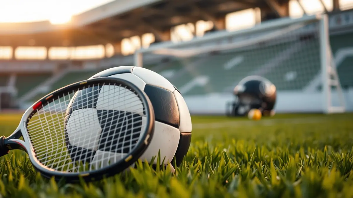Generic image of a soccer ball on a field, with tennis and American football elements.