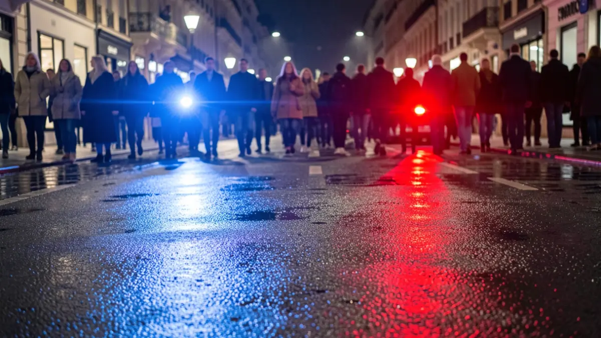 Generic image of red and blue emergency lights reflecting on wet asphalt at night.