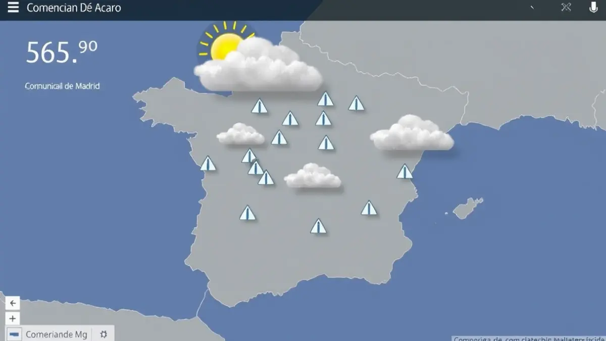 Imagen genérica de un mapa meteorológico con nubes y lluvia dispersa sobre la Comunidad de Madrid.