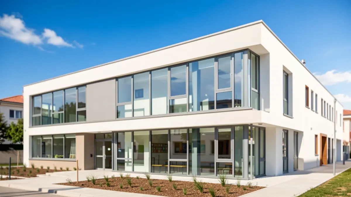 Fachada de un moderno edificio educativo con grandes ventanales y líneas limpias, bajo un cielo azul brillante, representando la construcción de nuevas escuelas en la Comunidad de Madrid.