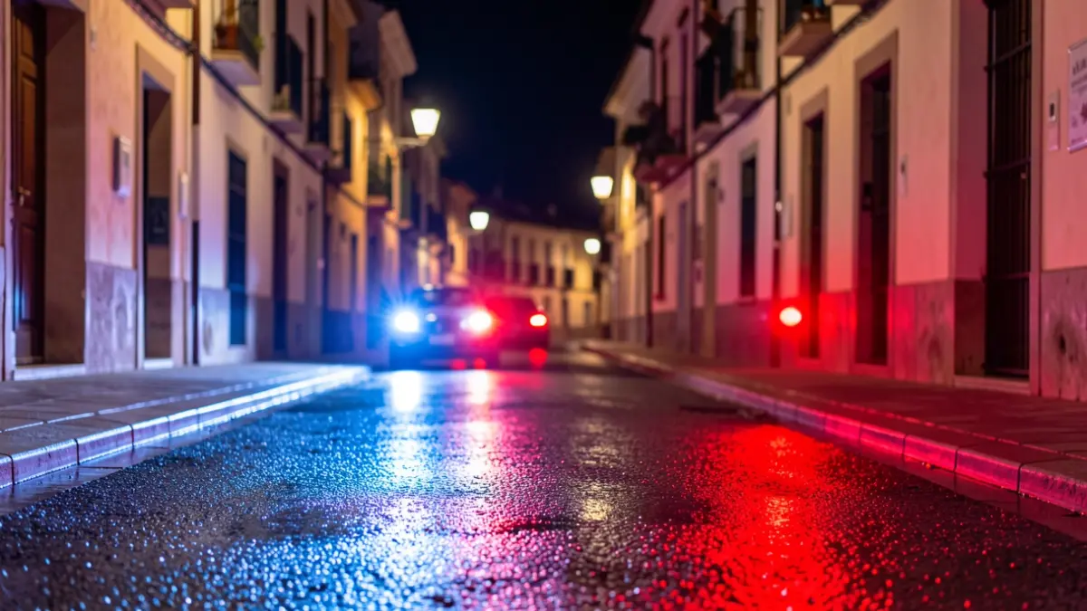 Imagen genérica de luces de emergencia policiales reflejadas en el asfalto durante la noche.