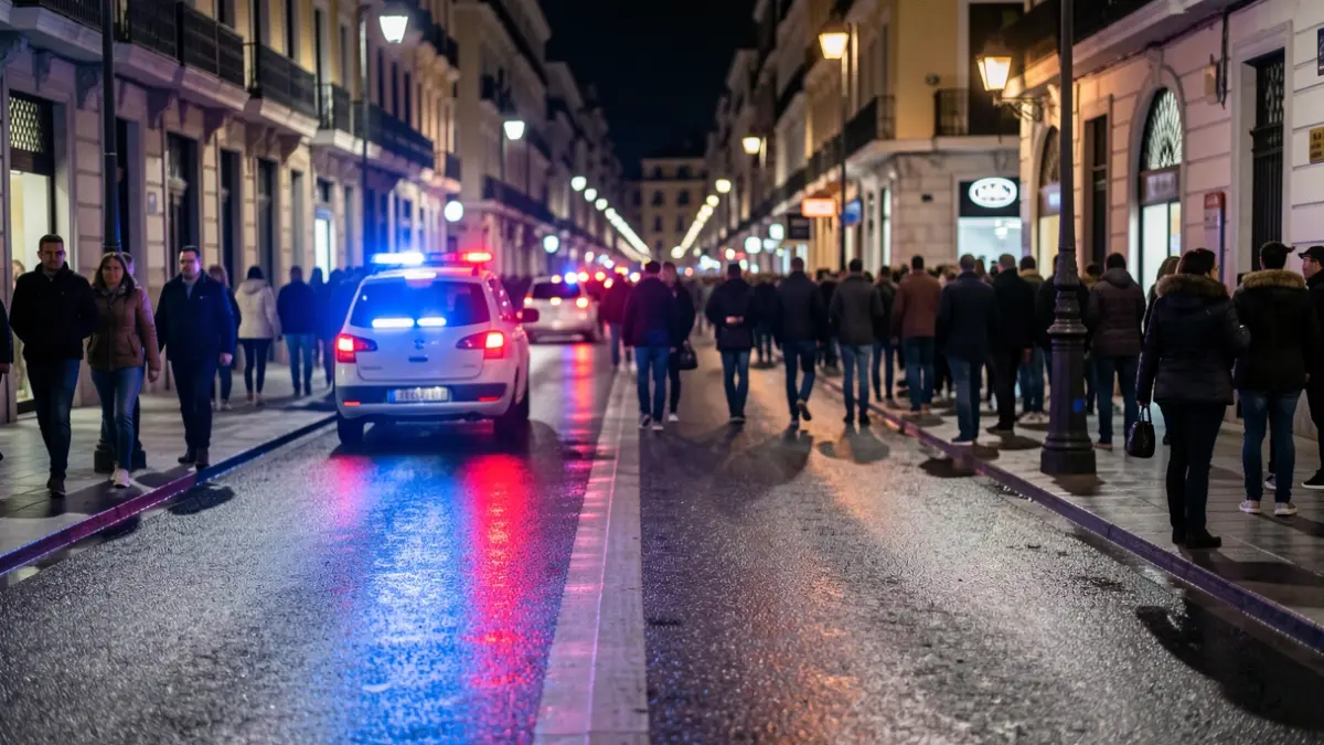 Imagen genérica de luces de emergencia policiales reflejándose en el asfalto mojado por la noche.