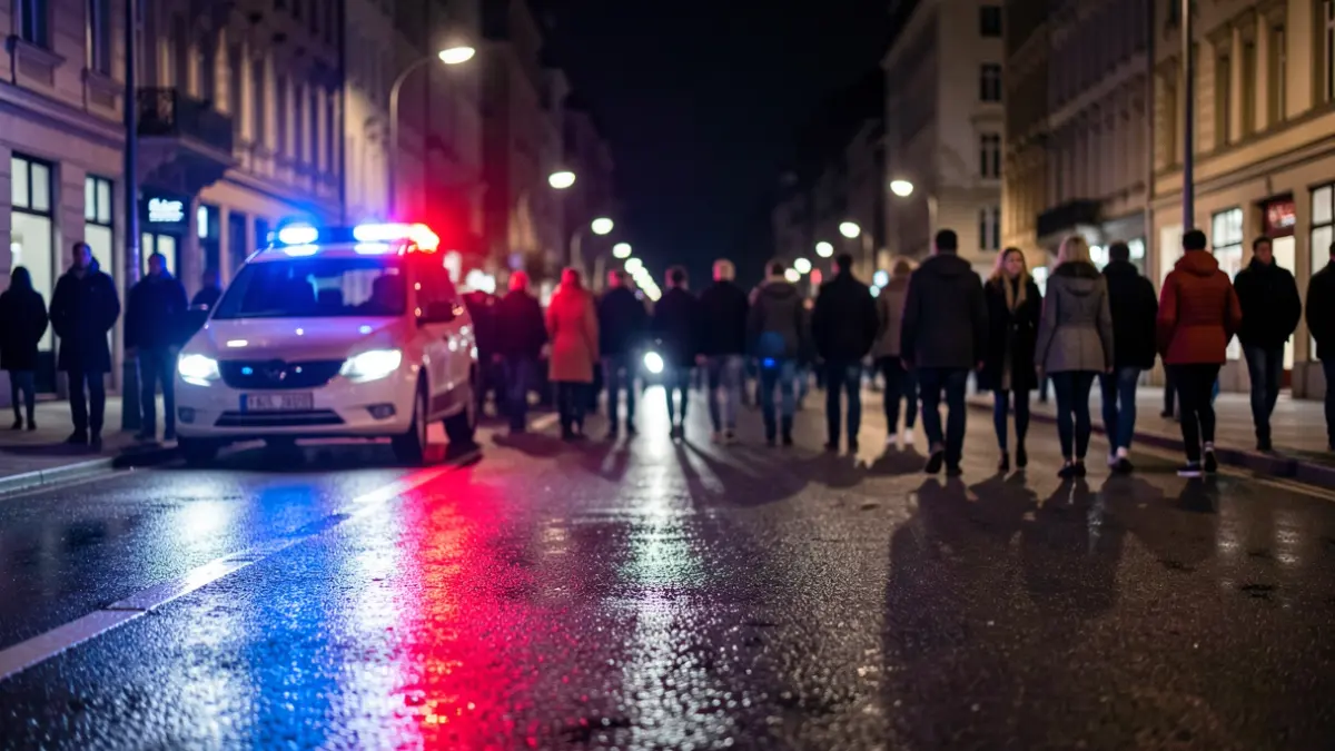 Imagen genérica de luces de emergencia policiales reflejándose en el asfalto mojado por la noche.