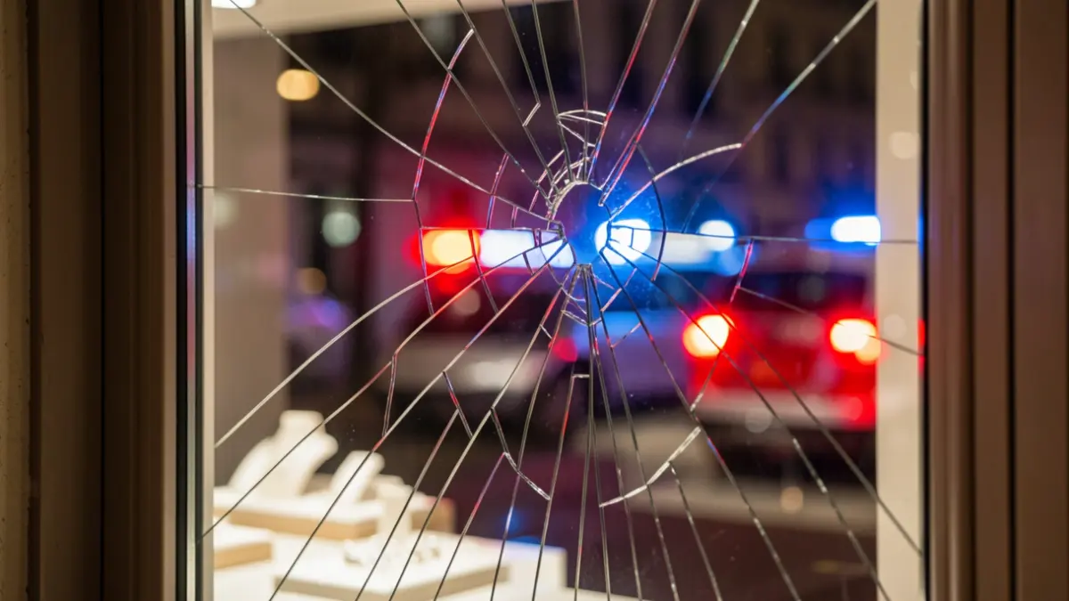 Imagen genérica de un escaparate de joyería con cristales rotos y reflejos de luces de emergencia.