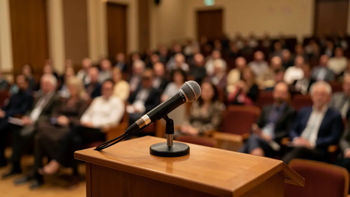 Generic image of a microphone on an empty podium.