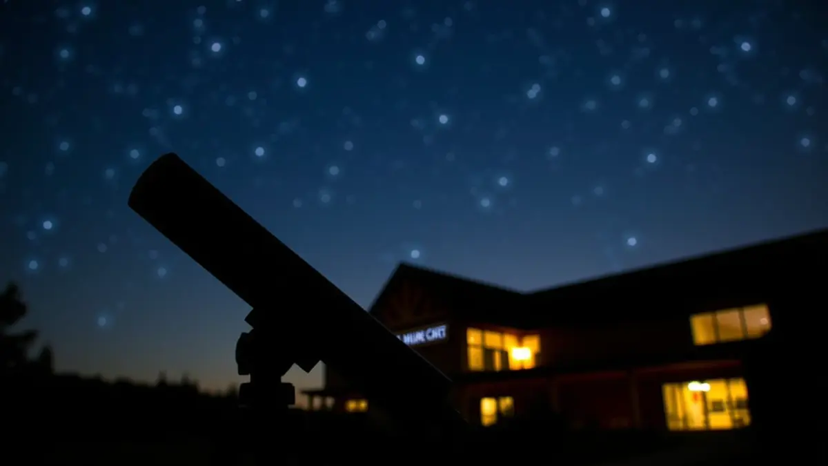 Imagen genérica de un telescopio bajo un cielo estrellado, con un edificio borroso al fondo.
