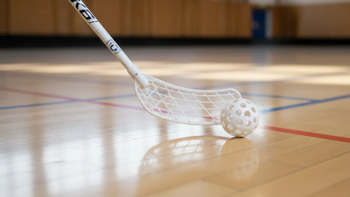 Generic image of a floorball stick and ball on a sports court.