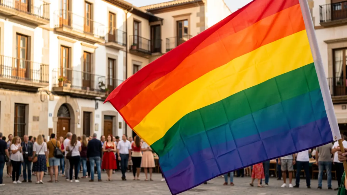 Generic image of a Spanish square during an LGBTQ+ celebration.