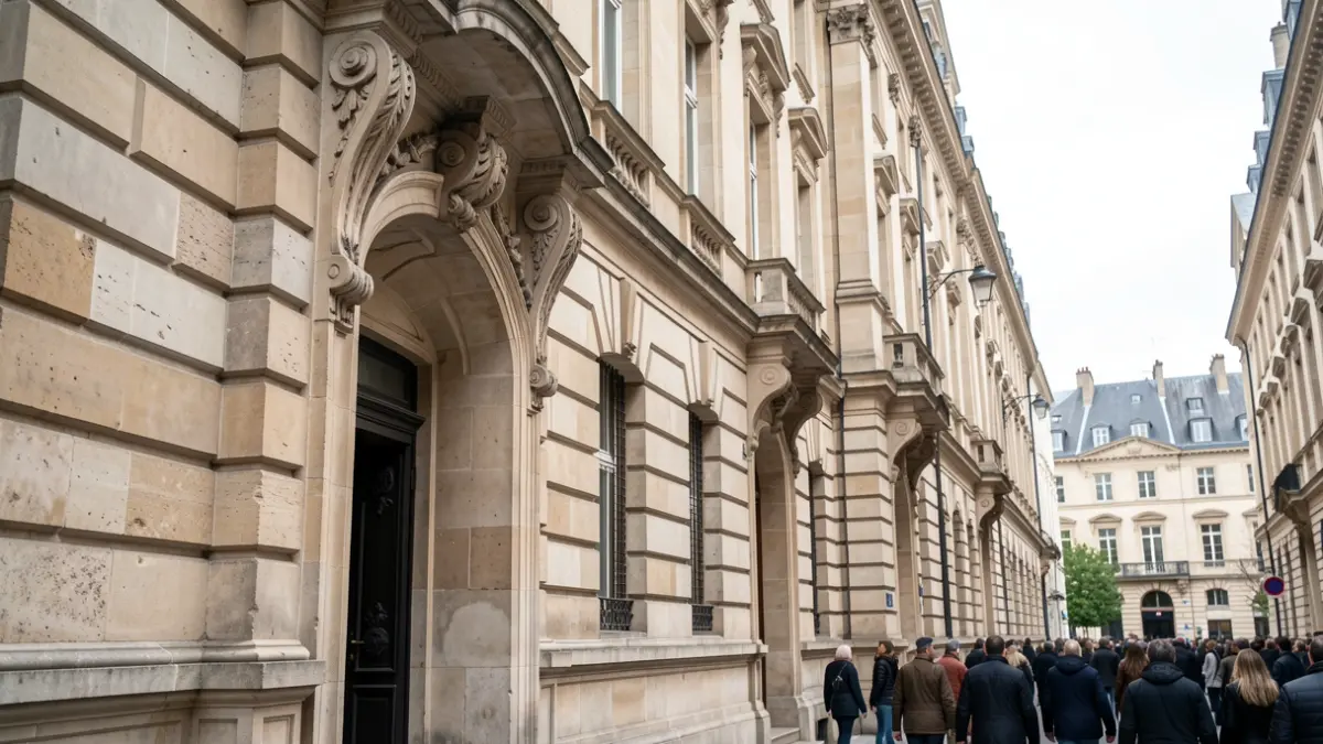 Facade of a historic building with architectural stone details.