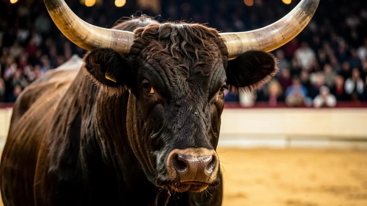 Primer plano de la cabeza de un toro bravo en la arena de una plaza de toros.