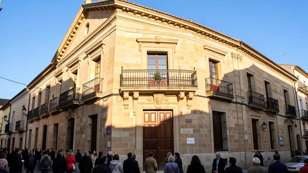 Facade of a stone town hall in Madrid with a balcony and iron railings, afternoon light.