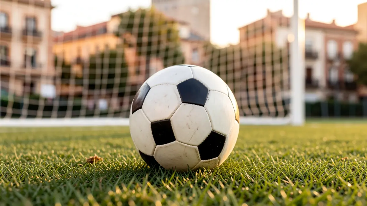 Imagen genérica de un balón de fútbol sobre césped con la red de portería desenfocada.