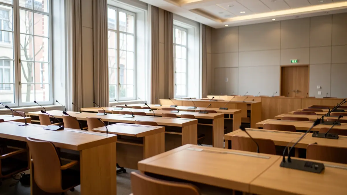 Generic image of a legislative chamber with seats and microphones.