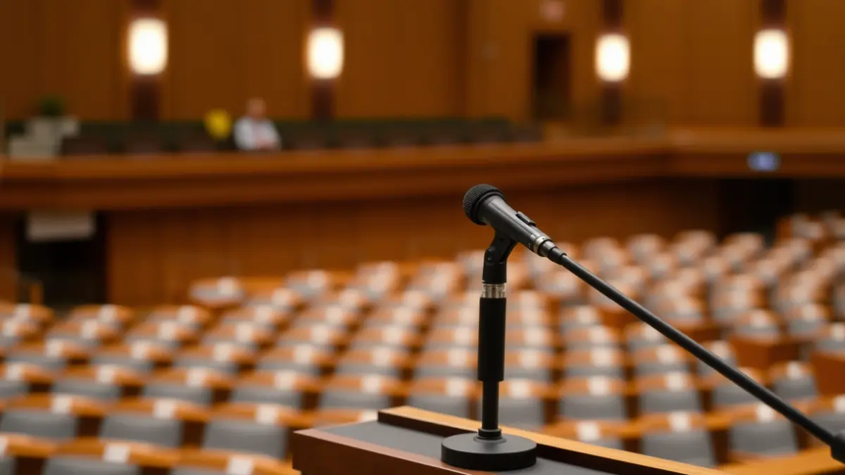 Generic image of a microphone on a podium in an assembly hall.