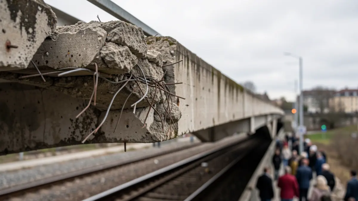 Image of damage to a railway bridge structure.